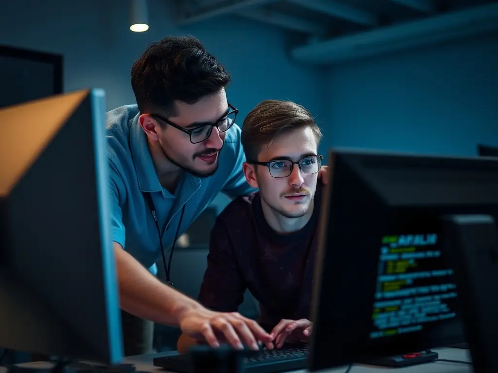 A photograph of Nekoda assisting a student with coding, illustrating a collaborative and problem-solving approach to learning programming concepts.